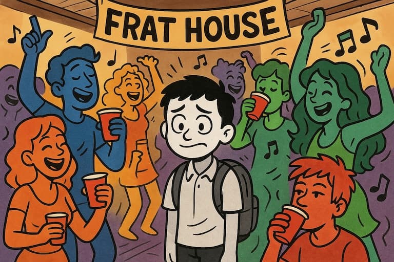  First time in a frat house with a bag of textbooks |600|