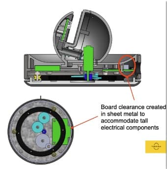 The green parts represent electronic components; the distance between them posed a major challenge |340|340